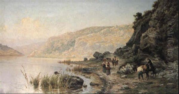 Peasants Along A River In The Abruzzo Oil Painting by Pietro Barucci