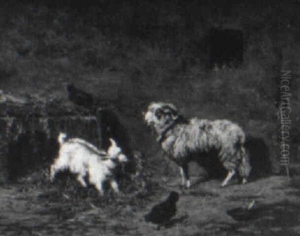 Sheep, Chickens And Goat In Barnyard Oil Painting by Pietro Barucci