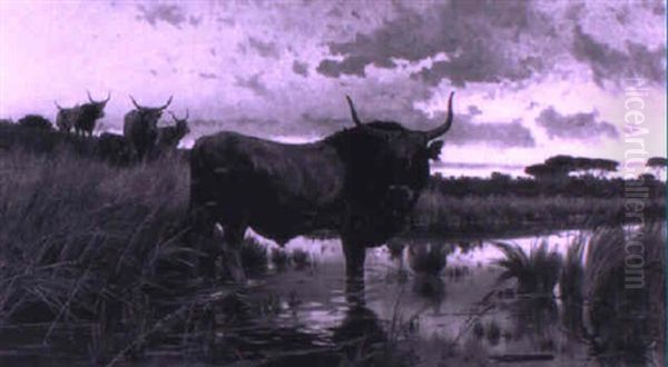 Bison At The River Oil Painting by Pietro Barucci