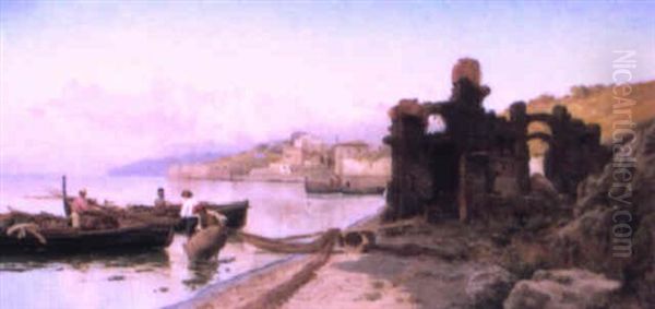 Fishermen On The Bay Of Baia, Naples Oil Painting by Pietro Barucci