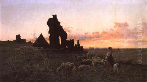 Shepherdess And Her Flock In The Roman Campagna Oil Painting by Pietro Barucci