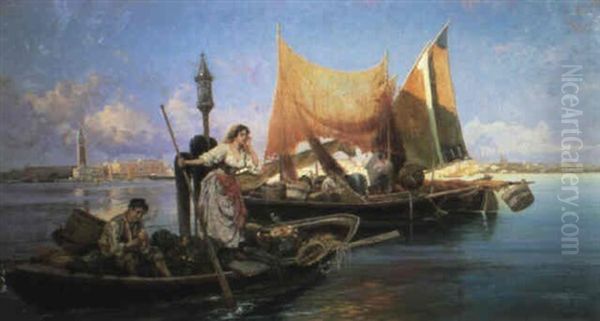 Peasants In A Boat With Produce, With A View Of San Giorgio Maggiore In The Distance Oil Painting by Pietro Barucci