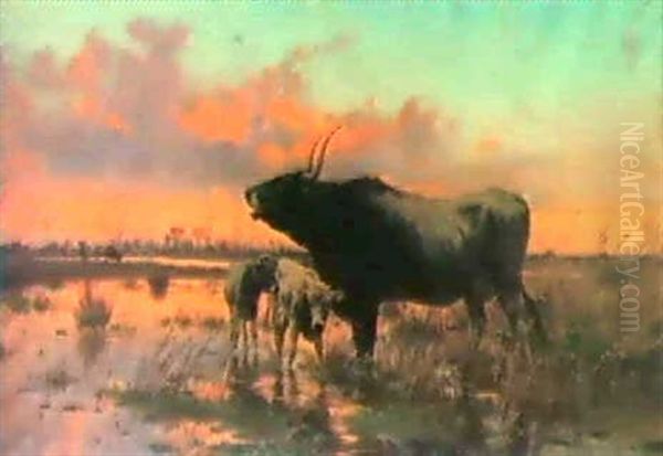 Wasserbuffel Und Kalber Oil Painting by Pietro Barucci