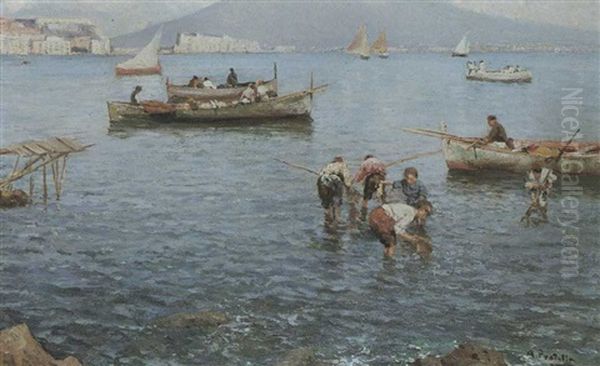 Fishermen In The Bay Of Naples Oil Painting by Pietro Barucci