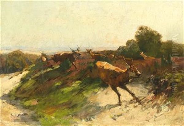 Red Deer In Flight Oil Painting by Antoine-louis Barye