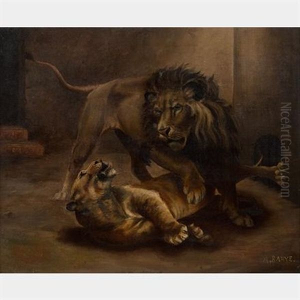 Couple De Lions Enlaces Oil Painting by Antoine-louis Barye