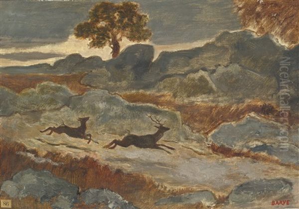 Stag And Doe In Flight Oil Painting by Antoine-louis Barye