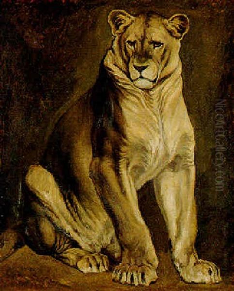 Lionne Assise Oil Painting by Antoine-louis Barye