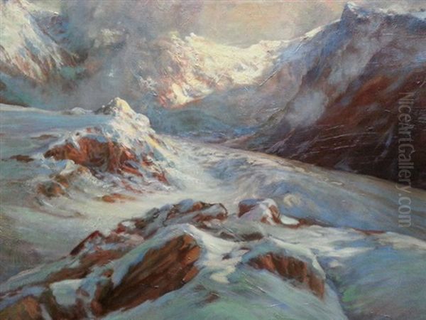 Le Glacier En Haute Montagne Oil Painting by Licinio Barzanti