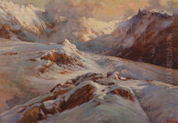 Glacier Et Sommets En Haute Montagne Oil Painting by Licinio Barzanti