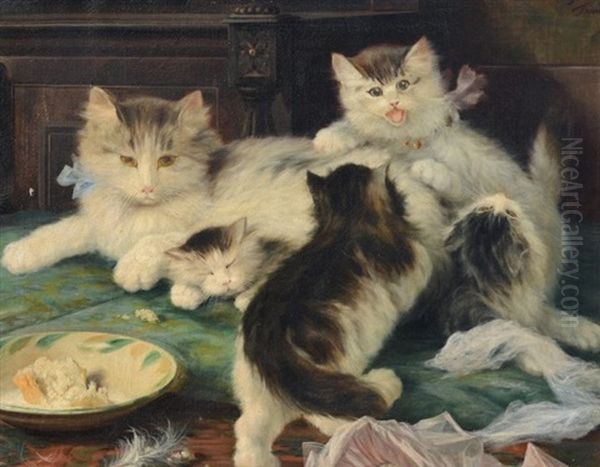 Mother Cat And Kittens At Play Oil Painting by Licinio Barzanti