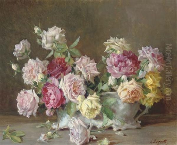 Roses In A Jardiniere Oil Painting by Licinio Barzanti