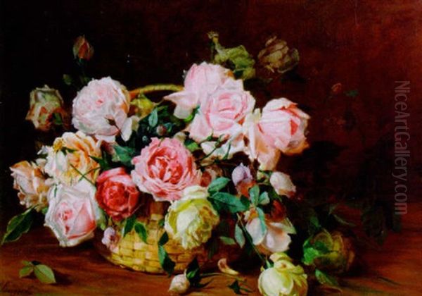 Still Life Of A Basket Of Roses Oil Painting by Licinio Barzanti