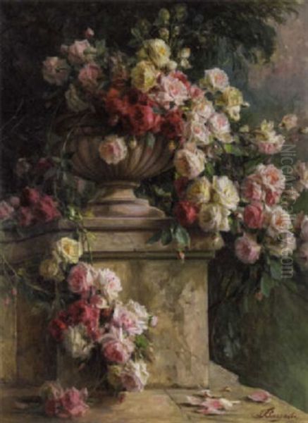 Roses Tumbling Out Of A Garden Urn Oil Painting by Licinio Barzanti