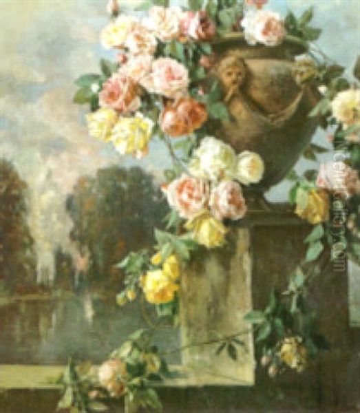 A Still Life With Roses In An Urn Overlooking A Lake Oil Painting by Licinio Barzanti