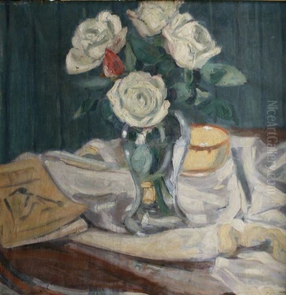 Vase De Roses Oil Painting by Adrien Bas