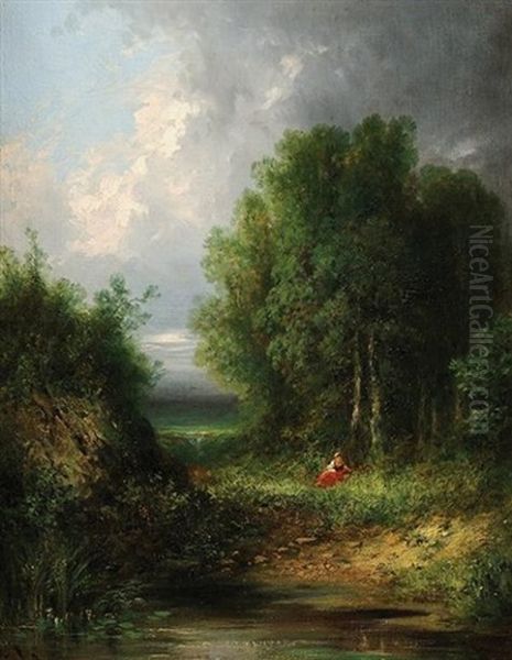 Reverie Au Bord Du Lac Oil Painting by Gabriel Hippolyte Le Bas