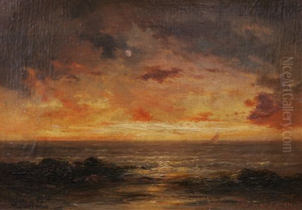 Villers Sur Mer - Solnedgang Oil Painting by Gabriel Hippolyte Le Bas