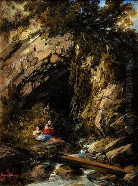 Pecheuses Devant La Grotte Oil Painting by Gabriel Hippolyte Le Bas