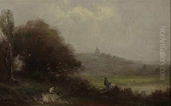 Landschaft Mit Personen (+ Another, Similar; 2 Works) Oil Painting by Gabriel Hippolyte Le Bas