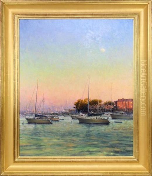 Harbor Moonrise Oil Painting by Jena Basa