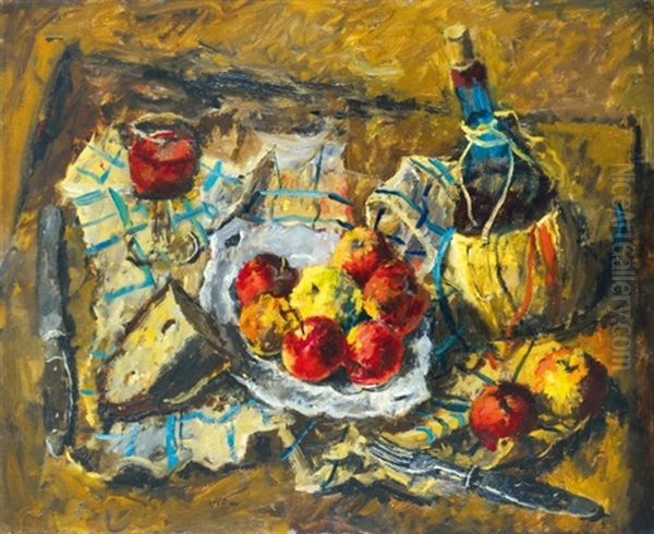 Apples And Red Wine Oil Painting by Andor Basch