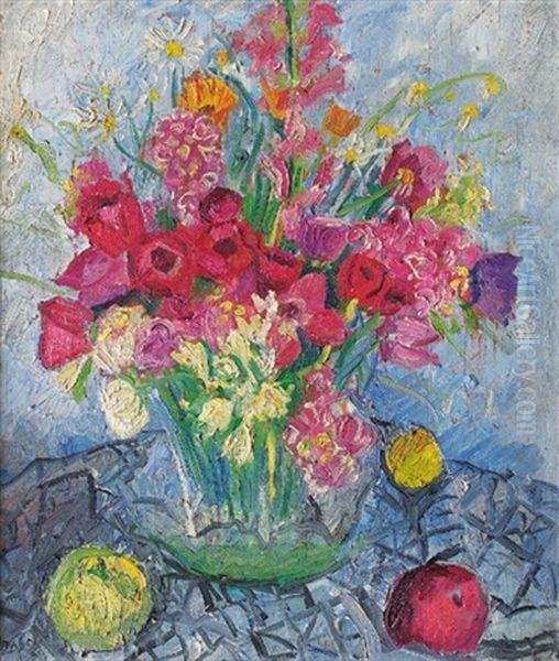 Nature Morte Au Bouquet De Fleurs Et Fruits Oil Painting by Andor Basch