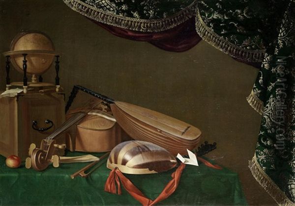 Still Life Of Musical Instruments On A Table-top, With A Globe And An Apple by Evaristo Baschenis