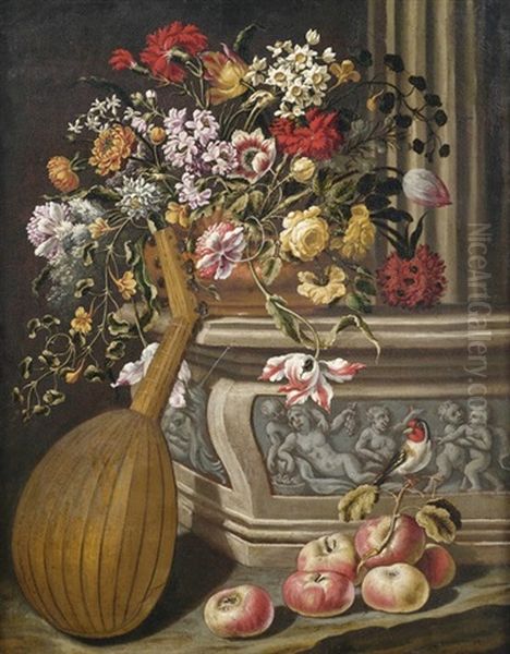 Stilleben Mit Blumen, Apfeln Und Laute An Einem Reliefierten Saulenpostament Oil Painting by Evaristo Baschenis