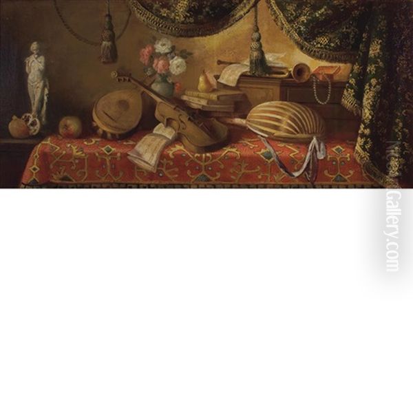 Still Life Of Musical Instruments, Books, And Other Objects On A Table Oil Painting by Evaristo Baschenis