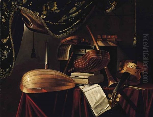 A Mandolino, A Lute, A Violin, A Guitar, A Clarinet And Musical Manuscripts On A Draped Table In An Interior Oil Painting by Evaristo Baschenis