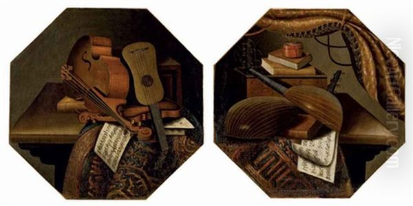 Violons Et Partitions Sur Une Table Recouverte D'un Tapis (+ Violes De Gambe, Livres Et Partitions Sur Une Table Recouverte D'un Tapis; Pair) Oil Painting by Evaristo Baschenis