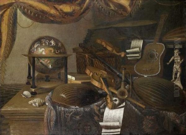 Nature Morte D'instruments De Musique Aux Luths, Violons Et Flutes, Avec Des Coquillages Et Une Mapppemonde Sur Un Entablement Recouvert D'un Tapis Oil Painting by Evaristo Baschenis