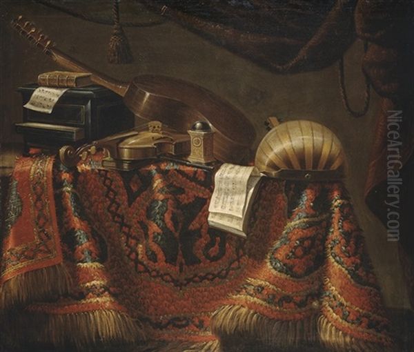 Cassette, Violon, Guitare, Carillon, Mandore Et Partitions De Musique Sur Un Entablement Recouvert D'un Tapis Oil Painting by Evaristo Baschenis