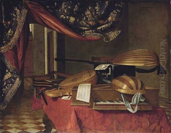 A Spinet, A Mandolino, Lutes, A Theorbo, A Violin, A Guitar, A Harp, An Ebony Casket And Musical Manuscripts On A Draped Table In An Interior Oil Painting by Evaristo Baschenis