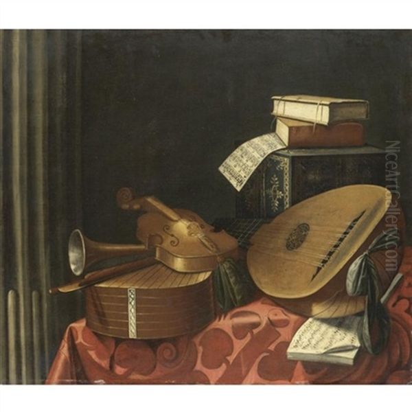 Natura Morta Con Strumenti Musicali, Libri, Spartiti E Una Scatola Intarsiata Su Un Tavolo Oil Painting by Evaristo Baschenis