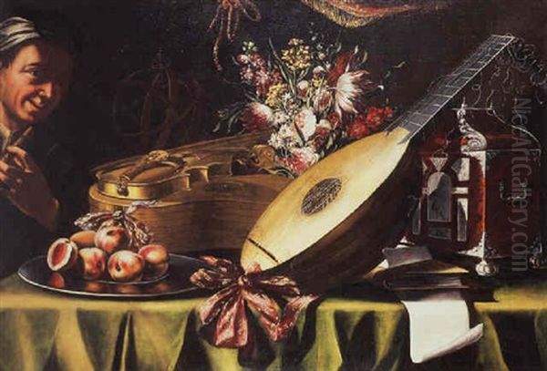 A Lute, A Violin And A Guitar With Flowers, Peaches On A Pewter Dish, A Tortoise-shell Case And Music Sheets On A Table, A Musician Nearby Oil Painting by Evaristo Baschenis