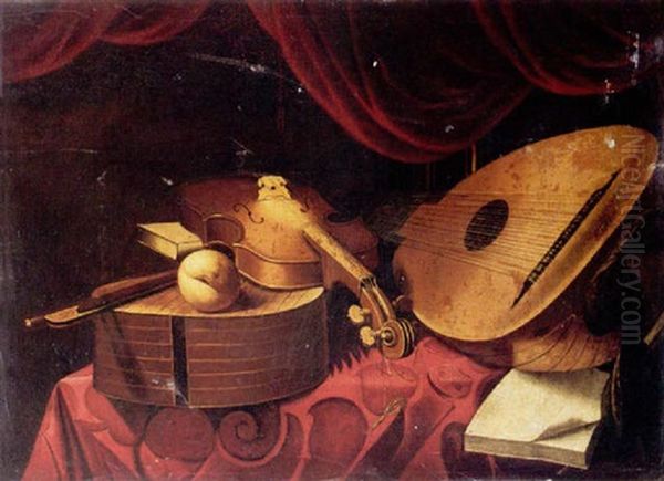 Still Life Of A Lute, A Viola Da Gamba, An Open Music Score And A Peach Upon A Table Draped With A Red Cloth Oil Painting by Evaristo Baschenis