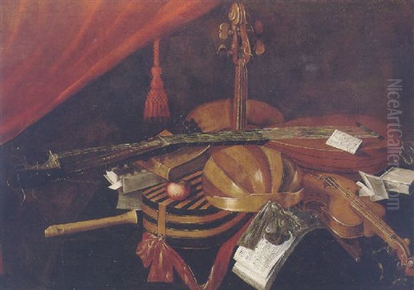 Still Life Of Lutes, A Violin, Cello, Recorder, Books And Sheet Music On A Table Top Oil Painting by Evaristo Baschenis