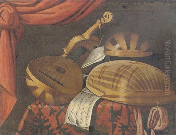 Still Life Of Musical Instruments On A Table Draped With A Carpet, A Drawn Curtain Above Oil Painting by Evaristo Baschenis