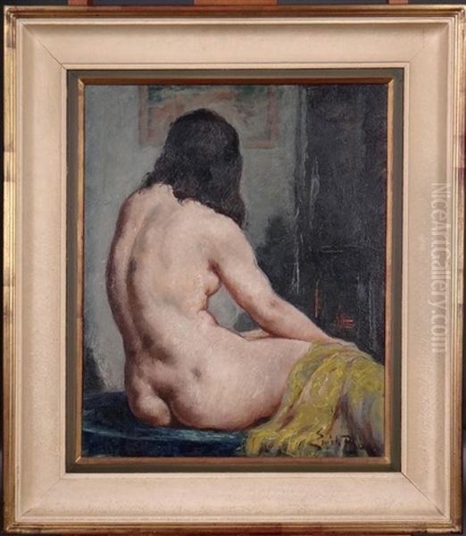 Naked Woman Sitting Back Oil Painting by Emile Base