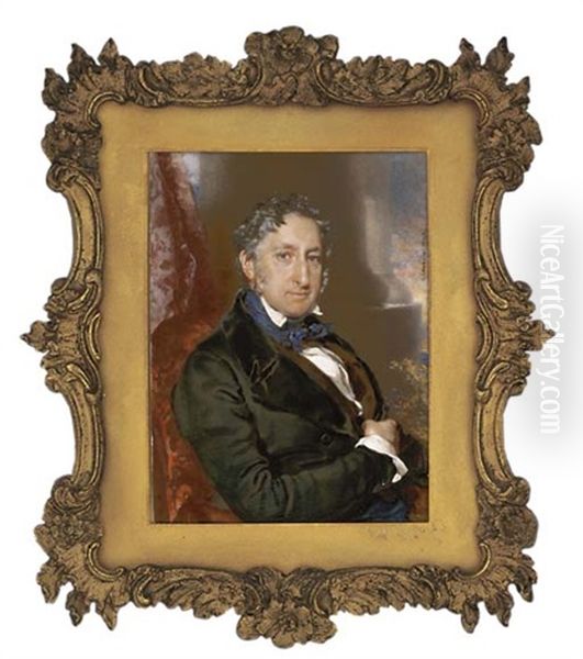 Charles Hanbury, 1st Baron Sudeley, Seated In Red Upholstered Chair, In Black Coat, Brown Waistcoat And Knotted Blue Cravat; Red Curtain, Foliage, Pillar And Sky Background Oil Painting by Charles J. Basebe