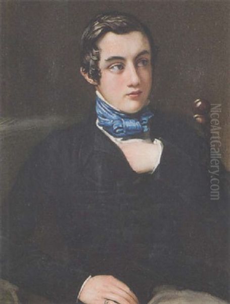 Colonel William Stuart As A Young Man, Left Hand Tucked Inside His Black Coat, Wearing White Chemise, Grey Trousers, And Tied Blue Stock Oil Painting by Charles J. Basebe