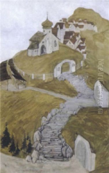 Berggipfel Mit Kirche Und Dorf Oil Painting by Alfred Basel