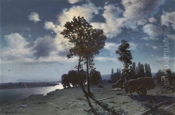 Moonlit River Bank Oil Painting by Gevorg Bashinjaghyan