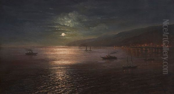 The Port Of Batumi At Night Oil Painting by Georgi Zakharovich Bashinzhagyan