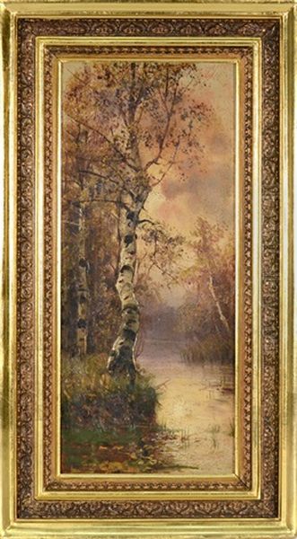 Birch Trees By The River Oil Painting by Georgi Zakharovich Bashinzhagyan