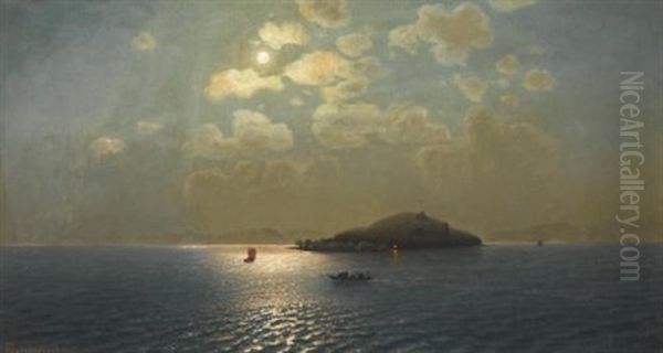 Lake Sevan In Moonlight Oil Painting by Georgi Zakharovich Bashinzhagyan