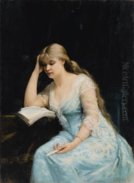 Portrait Of A Young Woman Reading Oil Painting by Mariya Konstantinova Bashkirtseva