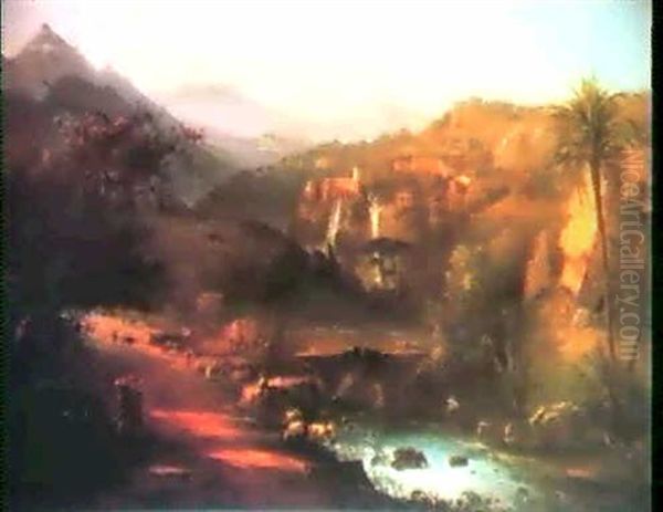 An Italianate Capriccio Land- Scape With The Falls At Tivoli Oil Painting by Luigi Basiletti